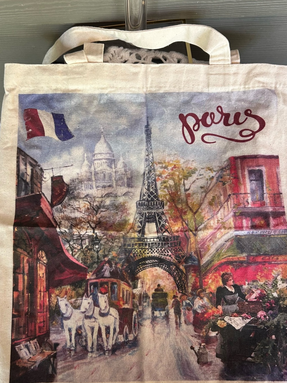 Paris Scene Canvas Tote Bag - Cream with Multicolor Print - Picture 7 of 11